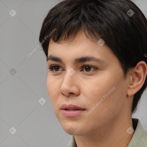 Neutral white young-adult male with short  black hair and brown eyes