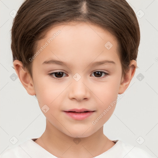 Joyful white child female with short  brown hair and brown eyes