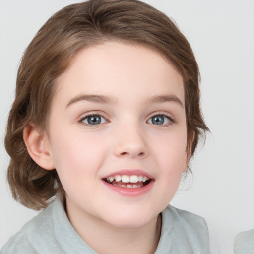 Joyful white child female with medium  brown hair and brown eyes