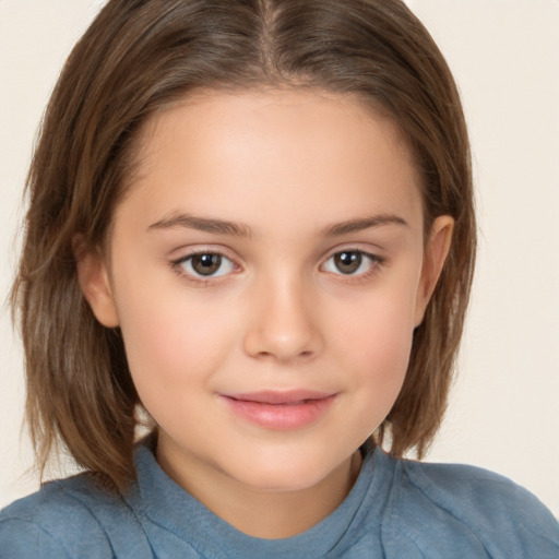 Joyful white child female with medium  brown hair and brown eyes