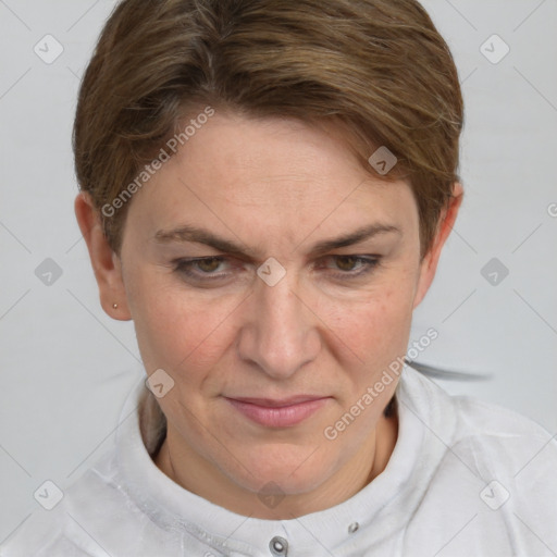 Joyful white adult female with short  brown hair and grey eyes