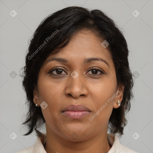 Joyful black adult female with medium  brown hair and brown eyes