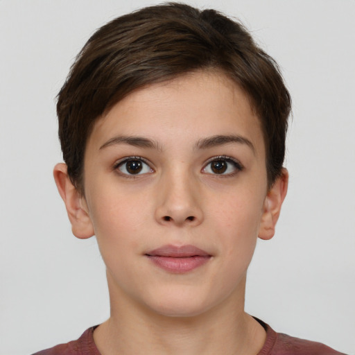 Neutral white young-adult female with short  brown hair and brown eyes