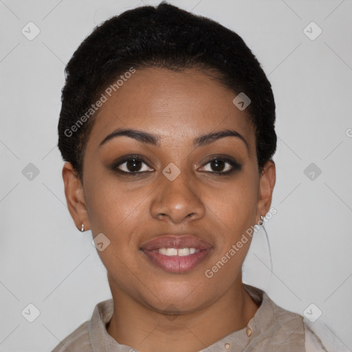 Joyful black young-adult female with short  black hair and brown eyes