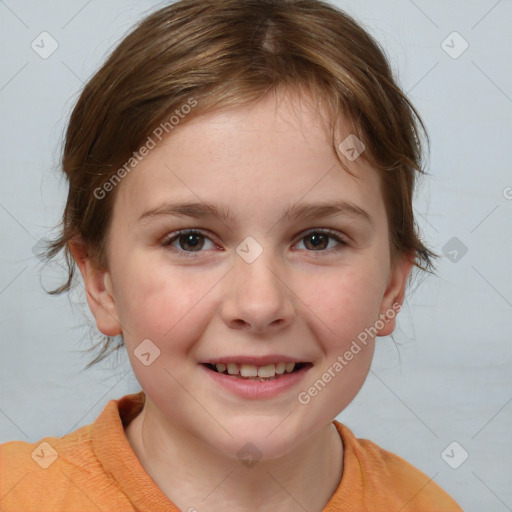 Joyful white child female with medium  brown hair and brown eyes