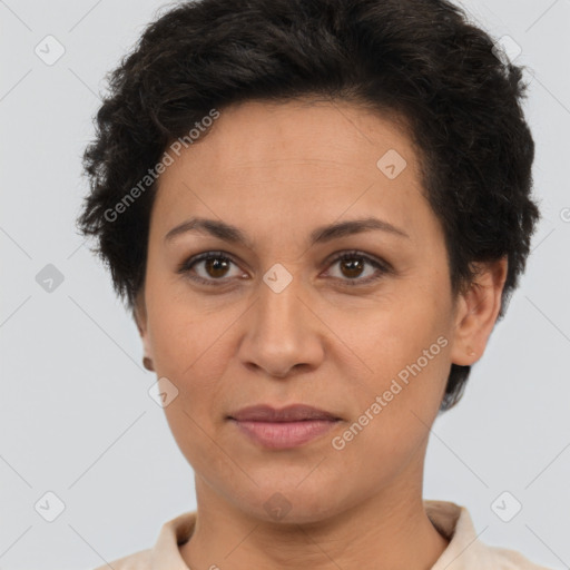 Joyful white adult female with short  brown hair and brown eyes