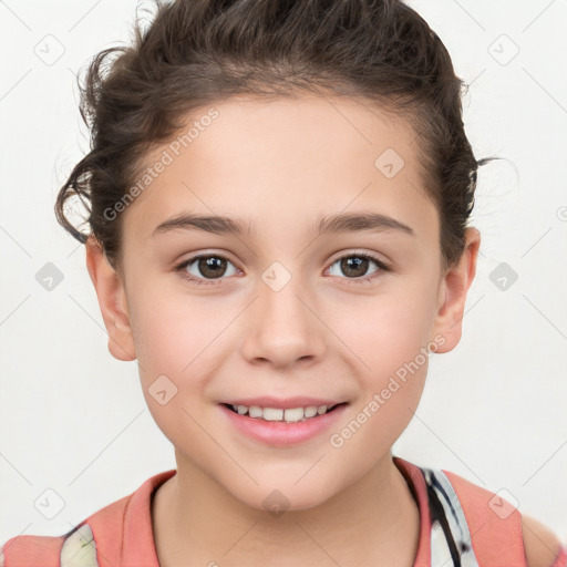 Joyful white child female with short  brown hair and brown eyes