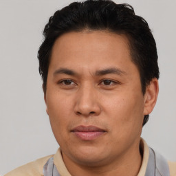 Neutral asian adult male with short  brown hair and brown eyes