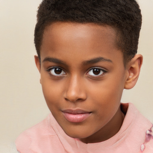 Joyful black child female with short  brown hair and brown eyes