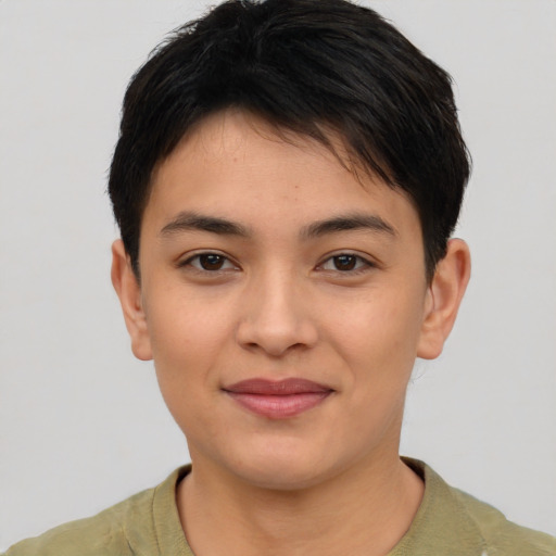 Joyful asian young-adult female with short  brown hair and brown eyes