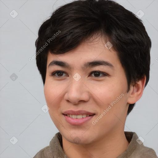 Joyful asian young-adult female with short  brown hair and brown eyes