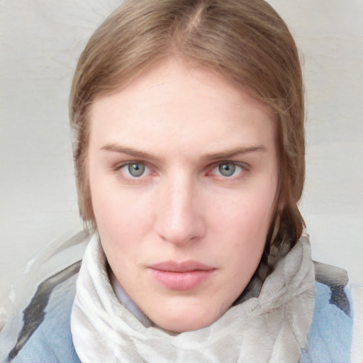 Neutral white young-adult female with medium  brown hair and blue eyes