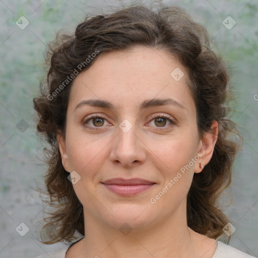 Joyful white young-adult female with medium  brown hair and green eyes