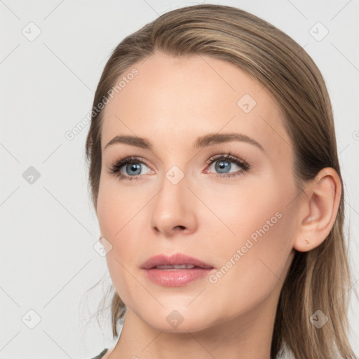 Neutral white young-adult female with long  brown hair and grey eyes