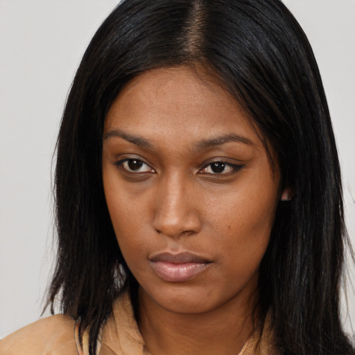 Neutral asian young-adult female with long  brown hair and brown eyes
