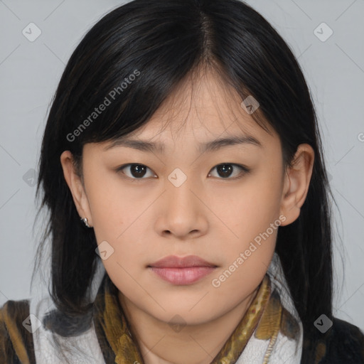 Neutral asian young-adult female with medium  brown hair and brown eyes