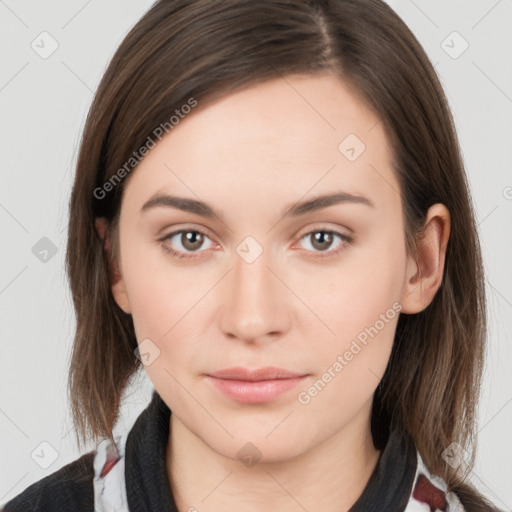 Neutral white young-adult female with medium  brown hair and brown eyes