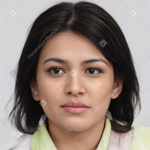 Neutral asian young-adult female with medium  brown hair and brown eyes