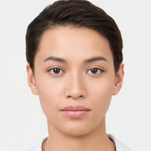 Neutral white young-adult female with short  brown hair and brown eyes