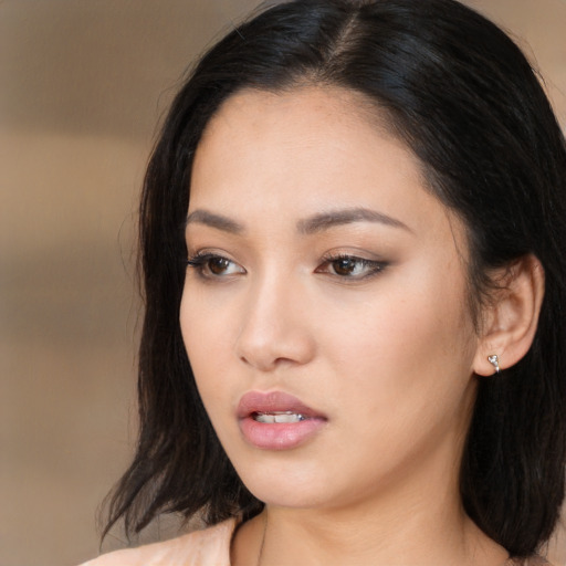 Neutral asian young-adult female with long  black hair and brown eyes