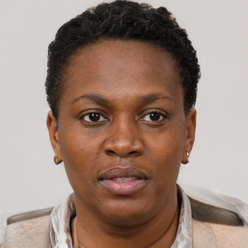 Neutral black adult female with short  brown hair and brown eyes