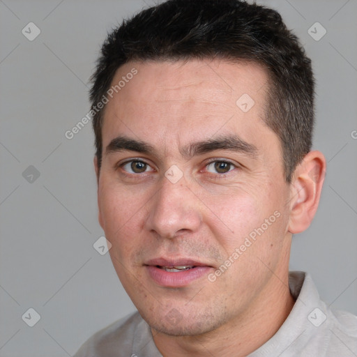 Joyful white adult male with short  brown hair and brown eyes