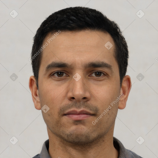 Neutral asian young-adult male with short  black hair and brown eyes