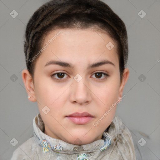 Neutral white young-adult female with short  brown hair and brown eyes