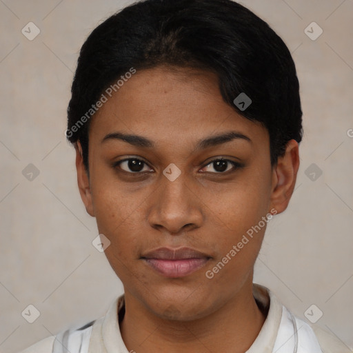 Neutral black young-adult female with short  black hair and brown eyes