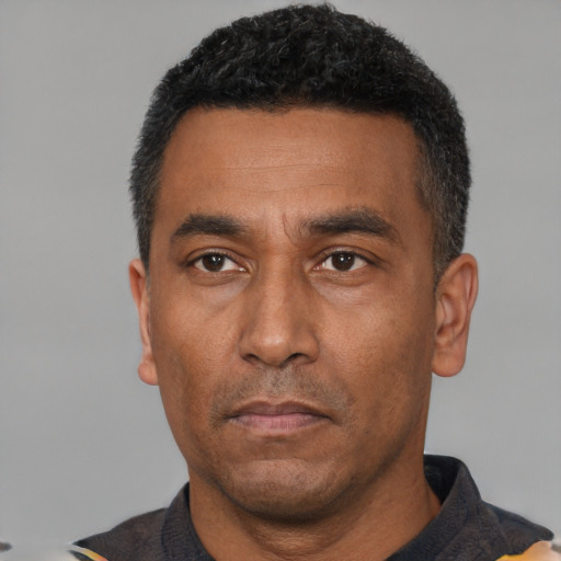Neutral latino adult male with short  black hair and brown eyes