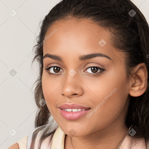 Joyful white young-adult female with long  brown hair and brown eyes