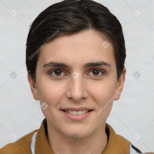 Joyful white young-adult female with short  brown hair and brown eyes