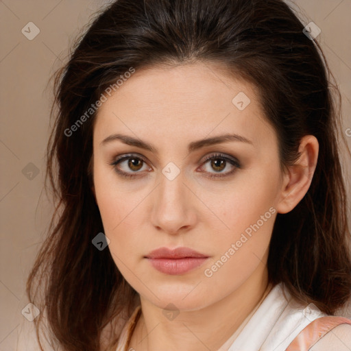 Neutral white young-adult female with medium  brown hair and brown eyes