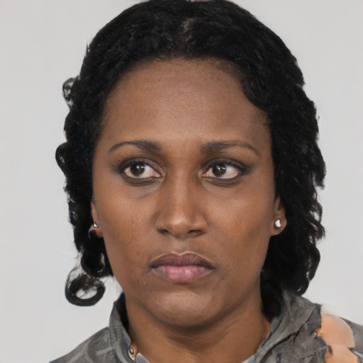 Neutral black adult female with short  black hair and brown eyes