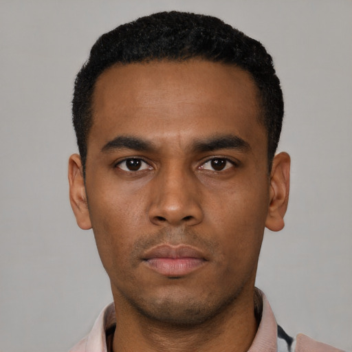 Neutral black young-adult male with short  black hair and brown eyes