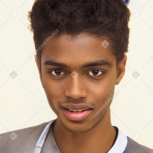 Joyful black young-adult male with short  brown hair and brown eyes