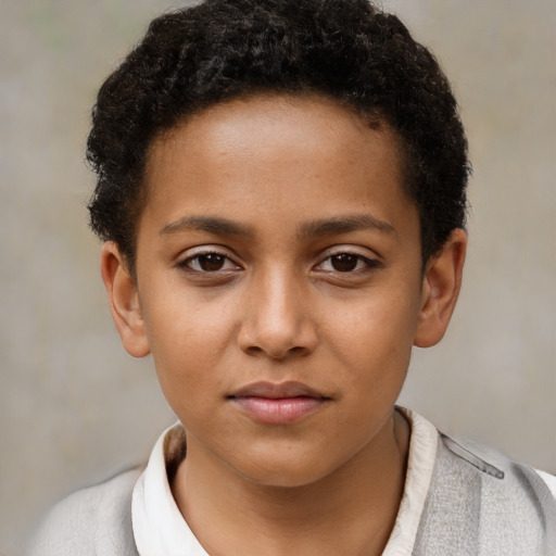 Neutral black child female with short  brown hair and brown eyes