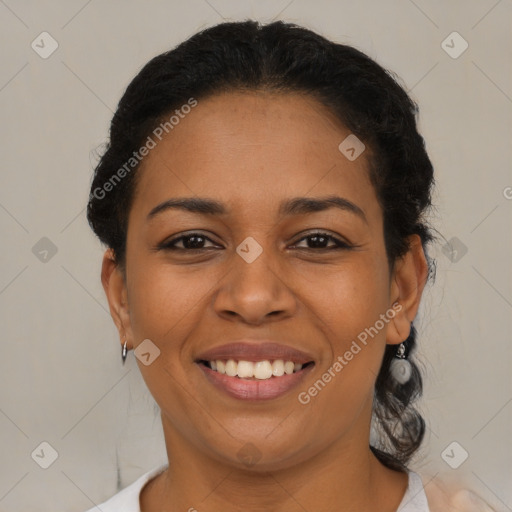 Joyful latino young-adult female with short  brown hair and brown eyes