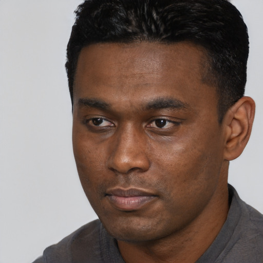Neutral black young-adult male with short  black hair and brown eyes