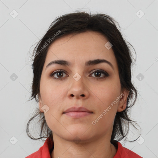 Neutral white young-adult female with medium  brown hair and brown eyes