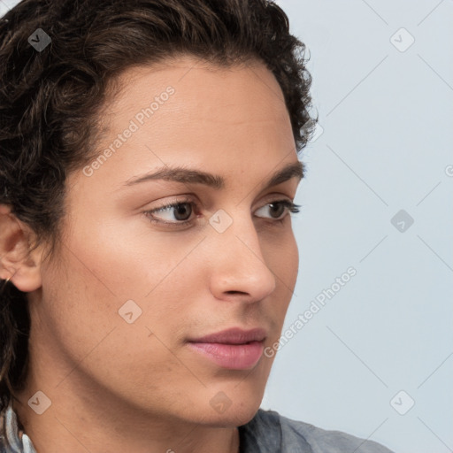 Neutral white young-adult female with short  brown hair and brown eyes