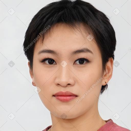 Neutral asian young-adult female with short  brown hair and brown eyes