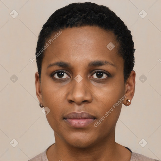 Neutral black young-adult female with short  black hair and brown eyes