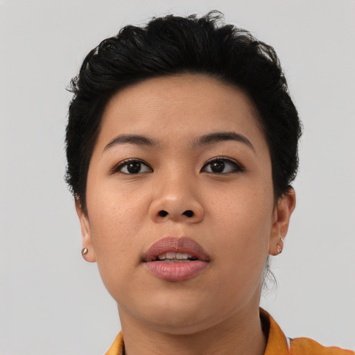 Neutral asian young-adult female with short  brown hair and brown eyes