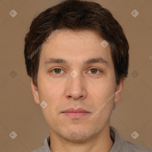 Neutral white young-adult male with short  brown hair and brown eyes