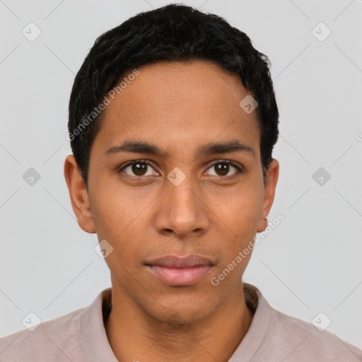 Neutral latino young-adult male with short  black hair and brown eyes