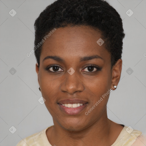 Joyful black young-adult female with short  black hair and brown eyes