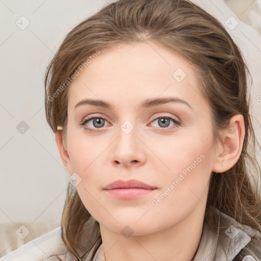 Neutral white young-adult female with medium  brown hair and grey eyes