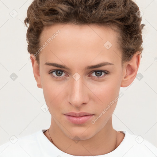 Neutral white young-adult female with short  brown hair and brown eyes