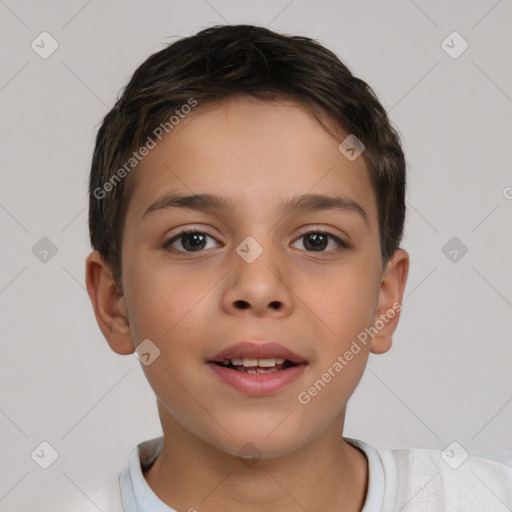 Joyful white child female with short  brown hair and brown eyes